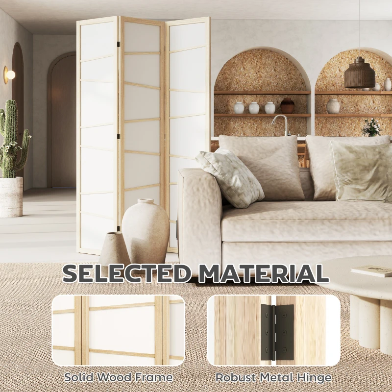 HOMCOM 66.9" Folding Room Divider, 3 Panel Wall Partition with Wood Frame for Bedroom, Home Office, Natural Wood