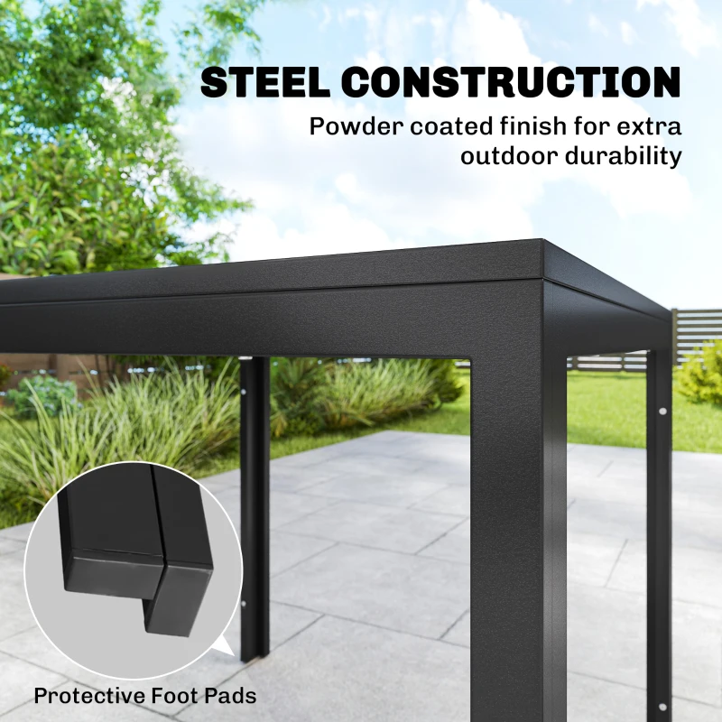 Outsunny Outdoor Dining Set for 4, Faux Wood Metal Patio Table and Stackable Chairs with Plastic Rattan Effect Seat, Black