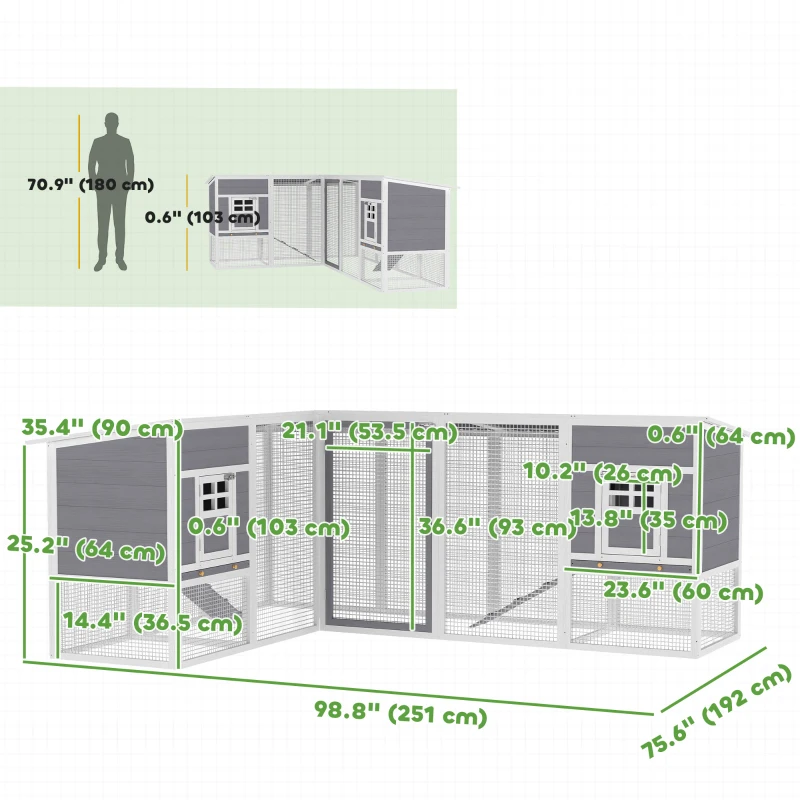 PawHut Chicken Coop with Run, L-Shaped Wooden Chicken House with 2 Houses, Outdoor Hen House with Waterproof Roof and Ramps