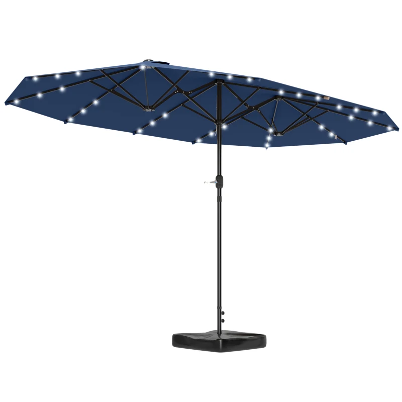 Outsunny Garden Parasol 14.4ft Double-Sided Sun Umbrella with Base, Patio Parasol with LED Solar Lights, Navy Blue