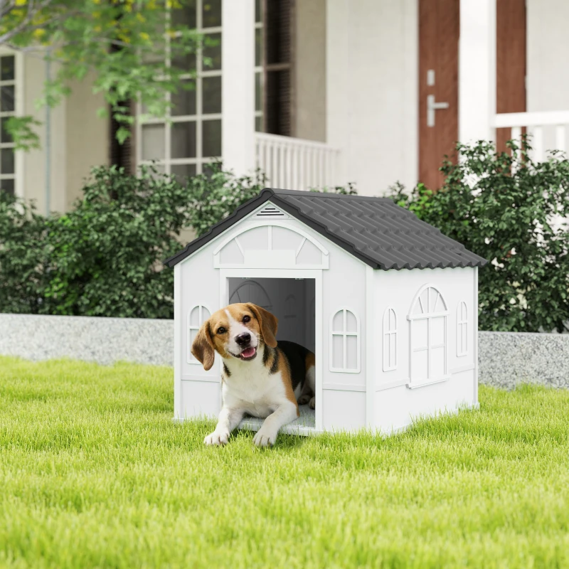 PawHut 26" Plastic Dog House Outdoor with Air Vents, for Small Medium Dogs, Grey