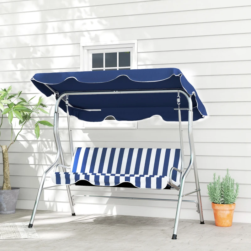 Outsunny 3-Person Porch Swing with Canopy, Patio Swing Chair, Outdoor Canopy Swing Bench with Adjustable Shade, Cushion and Steel Frame, Dark Blue & White Striped