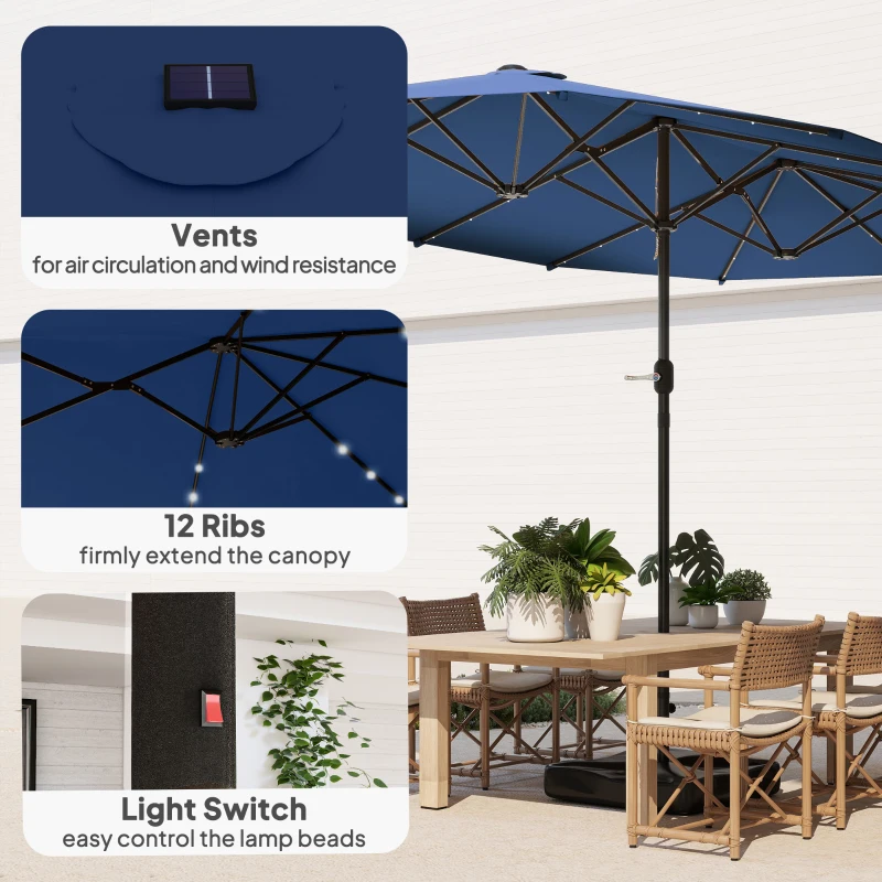 Outsunny Garden Parasol 14.4ft Double-Sided Sun Umbrella with Base, Patio Parasol with LED Solar Lights, Navy Blue