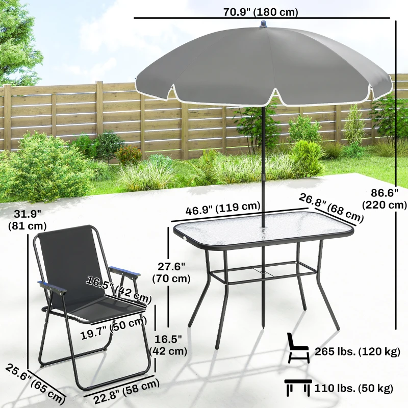 Outsunny 8 Piece Patio Table and Chairs Set with Folding Chairs, Tempered Glass Tabletop and Umbrella for Garden, Black