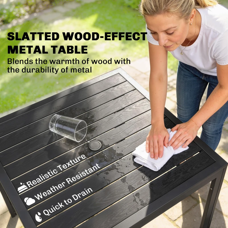 Outsunny Outdoor Dining Set for 4, Faux Wood Metal Patio Table and Stackable Chairs with Plastic Rattan Effect Seat, Black