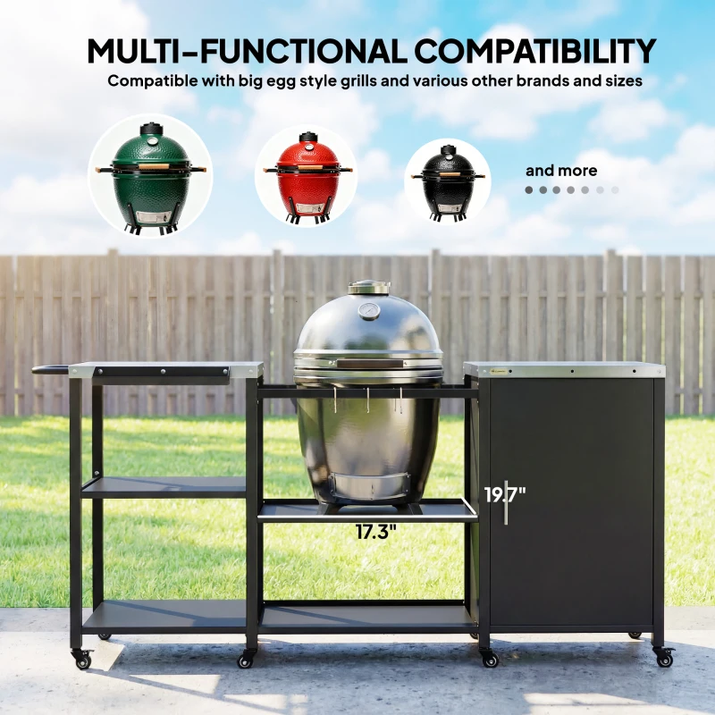 Outsunny Grill Table for Big Green Egg Grill, Heavy Duty Metal BBQ Prep Table with Stainless Steel Top and Storage Cabinet, Black