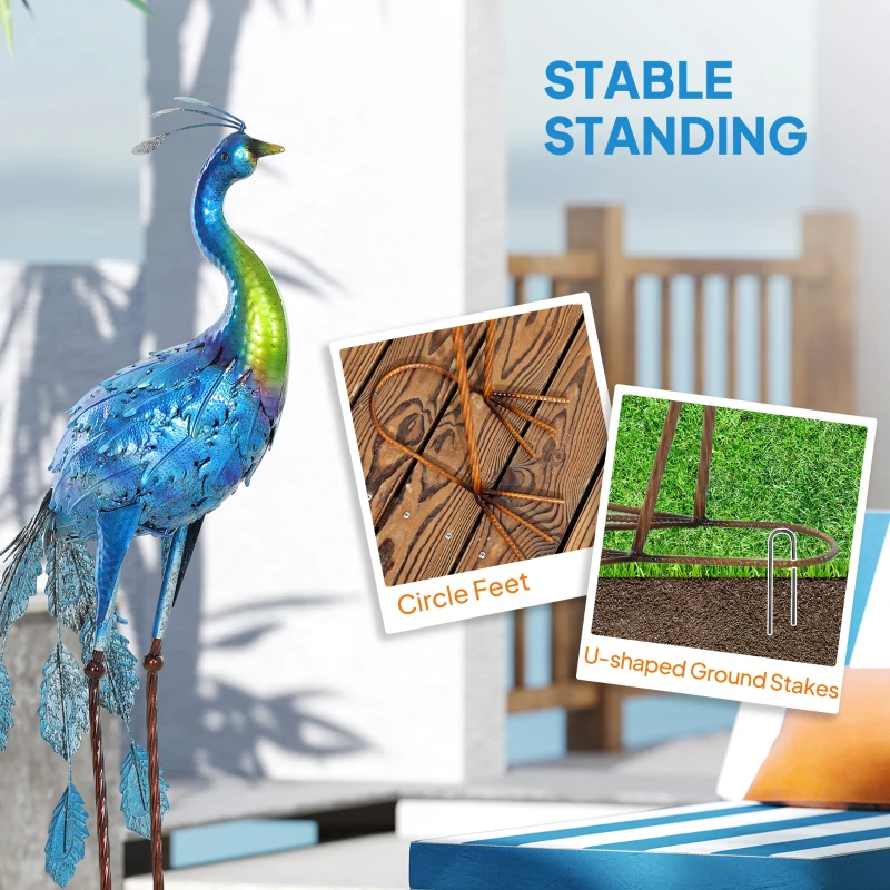 Outsunny Peacock Garden Statue, 32.7" Standing Lawn Ornament Bird Statue with Stakes for Lawn Navy Blue