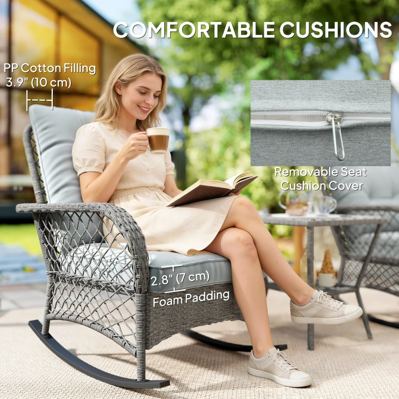 Outsunny Rocking Bistro Set, 3 Piece Wicker Patio Furniture with High Back Rocking Chairs and 2-Tier Glass Table, Light Grey
