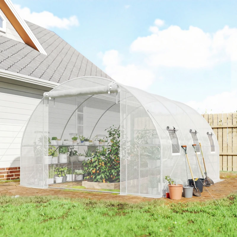 Outsunny 10'x11'x6' Walk-in Tunnel Greenhouse with Shelves, Mesh Door and Windows, Hoop House Greenhouse with PE Cover, White