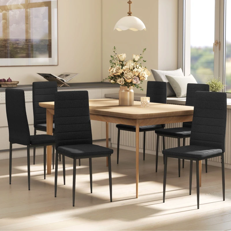 HOMCOM High Back Dining Chairs, Modern Upholstered Linen Fabric Accent Chairs with Metal Legs for Kitchen, Set of 6, Black