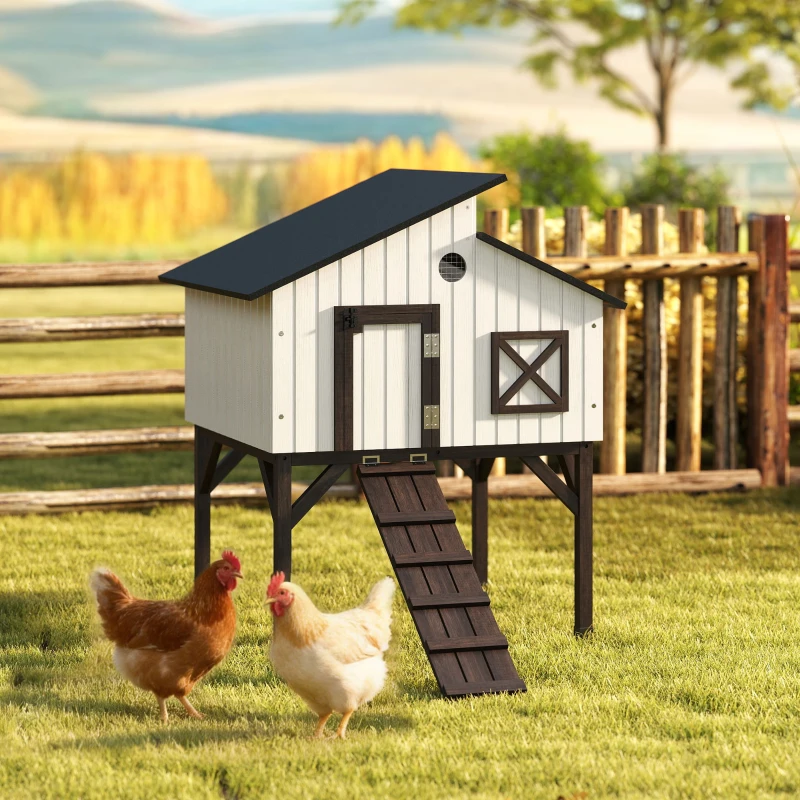 PawHut Chicken Coop Hen House with Nesting Box, Elevated Rabbit Hutch with Ramp, Asphalt Openable Roof and Elevated Legs