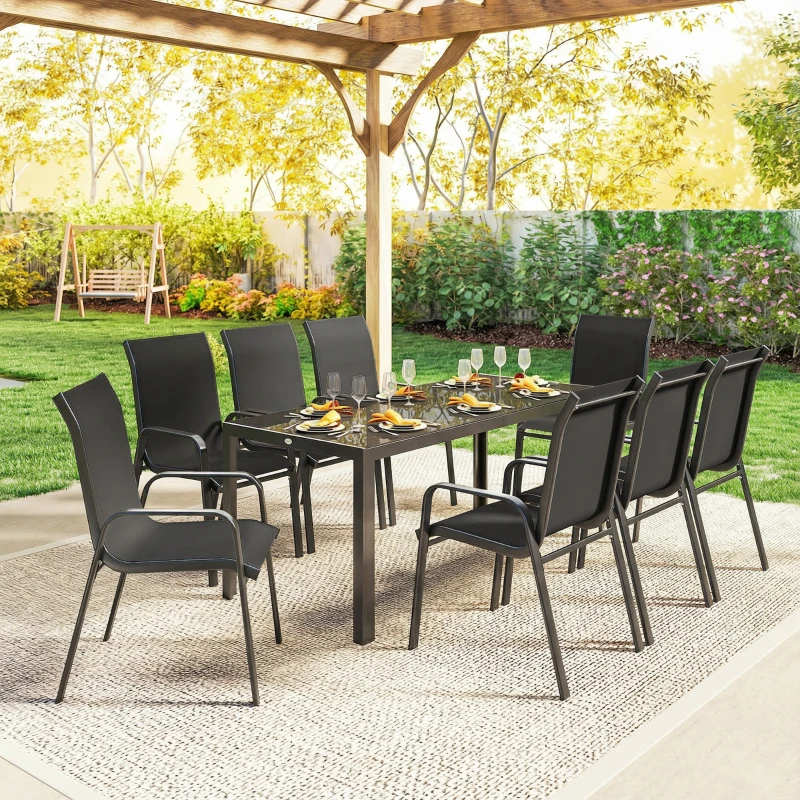 Outsunny 9 Pieces Patio Set with Stackable Chairs, Patio Dining Set with Glass Top for Garden, Patio, Backyard, Black