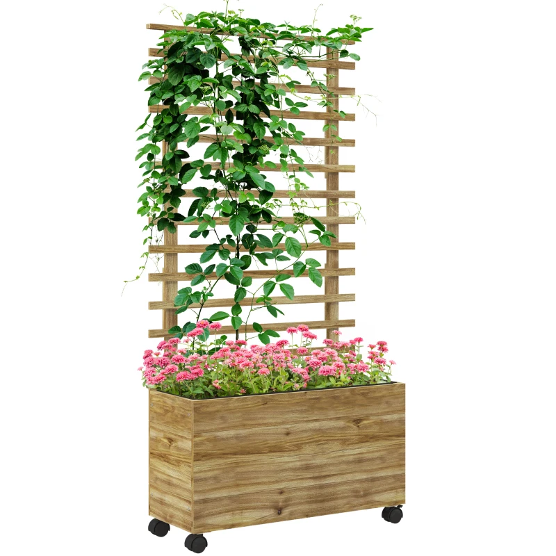 Outsunny Wooden Planter with Trellis, Raised Garden Bed with 4 Wheels for Climbing Plants, 30" x 12" x 61", Nature Wood