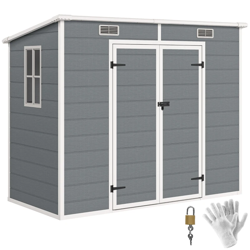 Outsunny 8' x 4' Plastic Outdoor Storage Shed with Floor, Window, Lockable Doors and Vents for Backyard Patio Lawn, Gray(m-11)