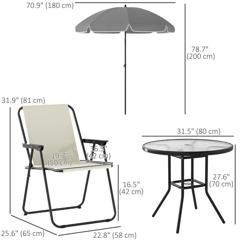 Outsunny 6 Pieces Patio Dining Set with Umbrella, Patio Furniture Set with Folding Chairs, Glass Table for Garden Backyard, Cream White