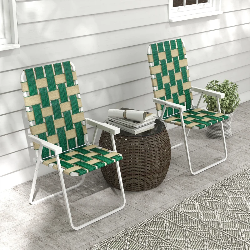 Outsunny Set of 2 Folding Patio Chairs, Portable Chair Set with Armrests for Camping, Garden, Pool, Beach, Backyard, Green
