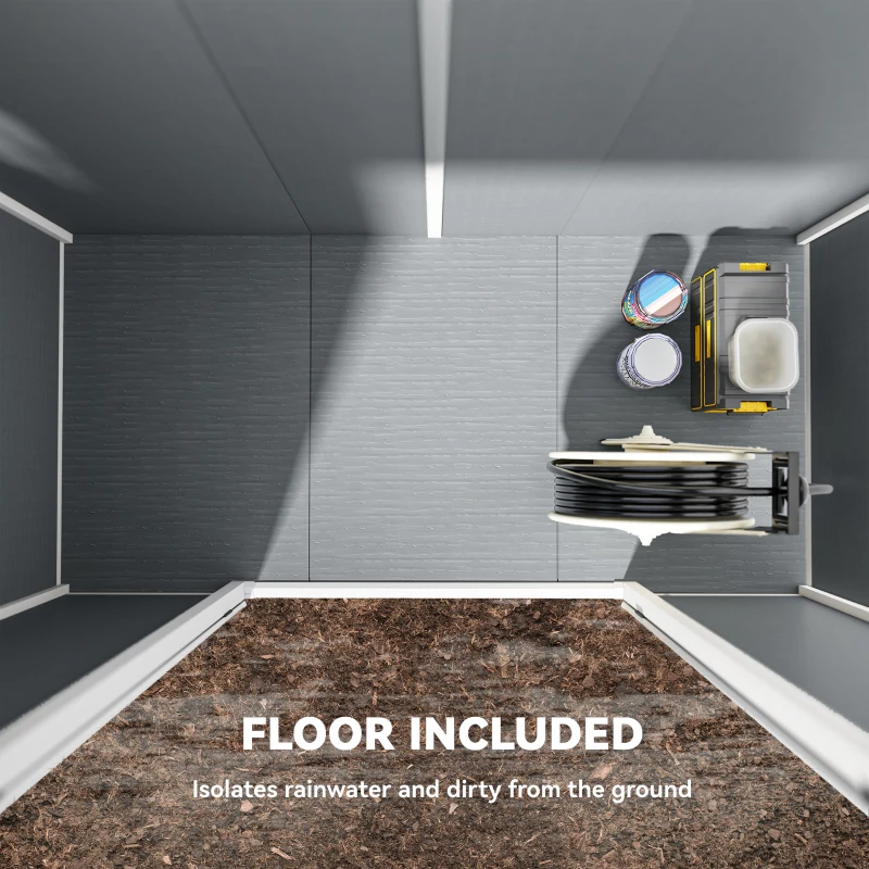 Outsunny 8' x 4' Plastic Outdoor Storage Shed with Floor, Window, Lockable Doors and Vents for Backyard Patio Lawn, Gray(m-6)