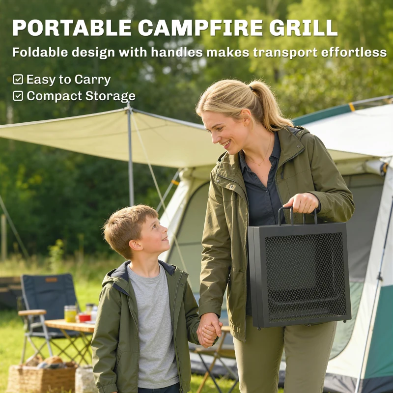 Outsunny Folding Campfire Grill, Heavy Duty Steel Mesh Grate, Portable Camping Grate with Carry Bag, Black