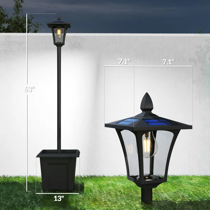 Outsunny 63" Solar Lamp Post Lights 2 Pack, Waterproof LED Solar Light Posts with Planter, Black
