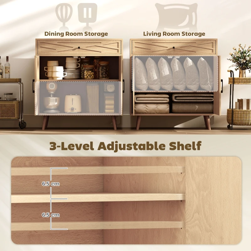 HOMCOM 30" Sideboard with Patterned Doors, Buffet Cabinet with Drawer and Cabinet for Dining Room, Oak