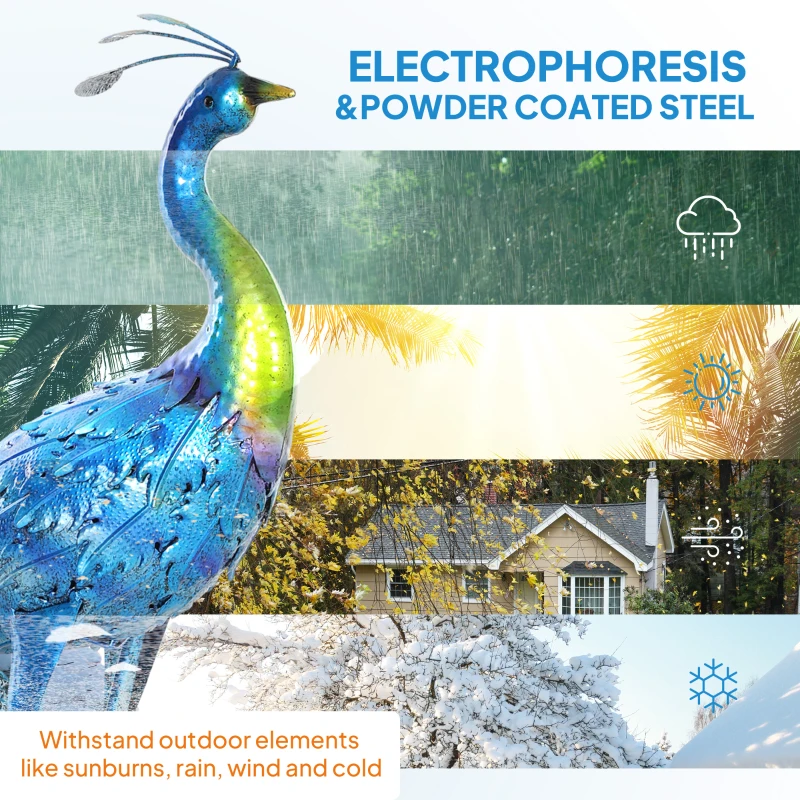 Outsunny Peacock Garden Statue, 32.7" Standing Lawn Ornament Bird Statue with Stakes for Lawn Navy Blue