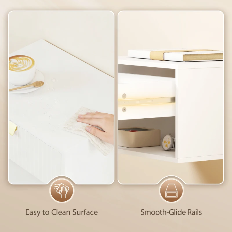HOMCOM Set of 2 Wall Mounted Bedside Tables, Floating Nightstands with Fluted Drawer and Open Shelf for Bedroom, White