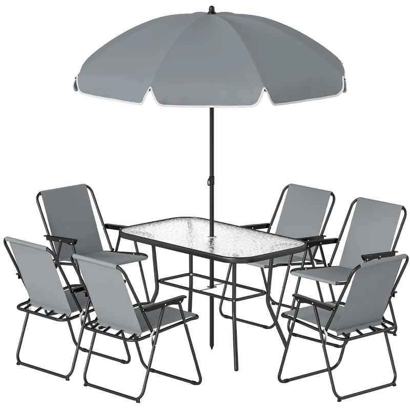 Outsunny 8 Piece Patio Table and Chairs Set with Folding Chairs, Tempered Glass Tabletop and Umbrella for Garden, Grey