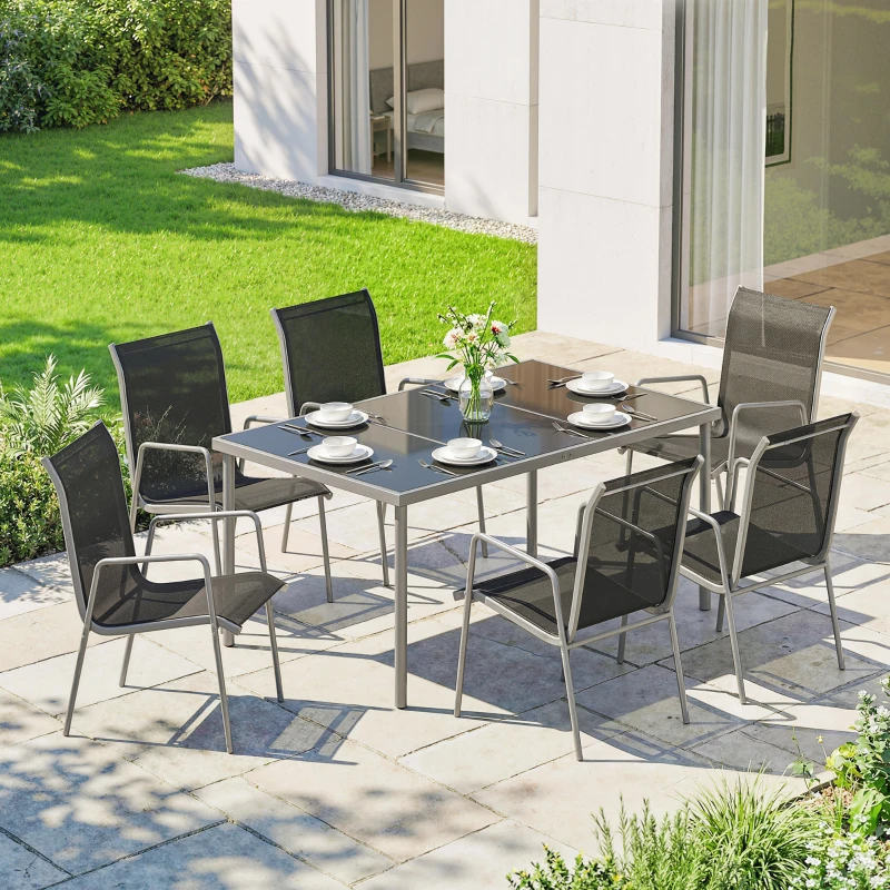 Outsunny 7 Piece Garden Dining Set, Garden Furniture Set with Rectangle Table and 6 Stackable Chairs