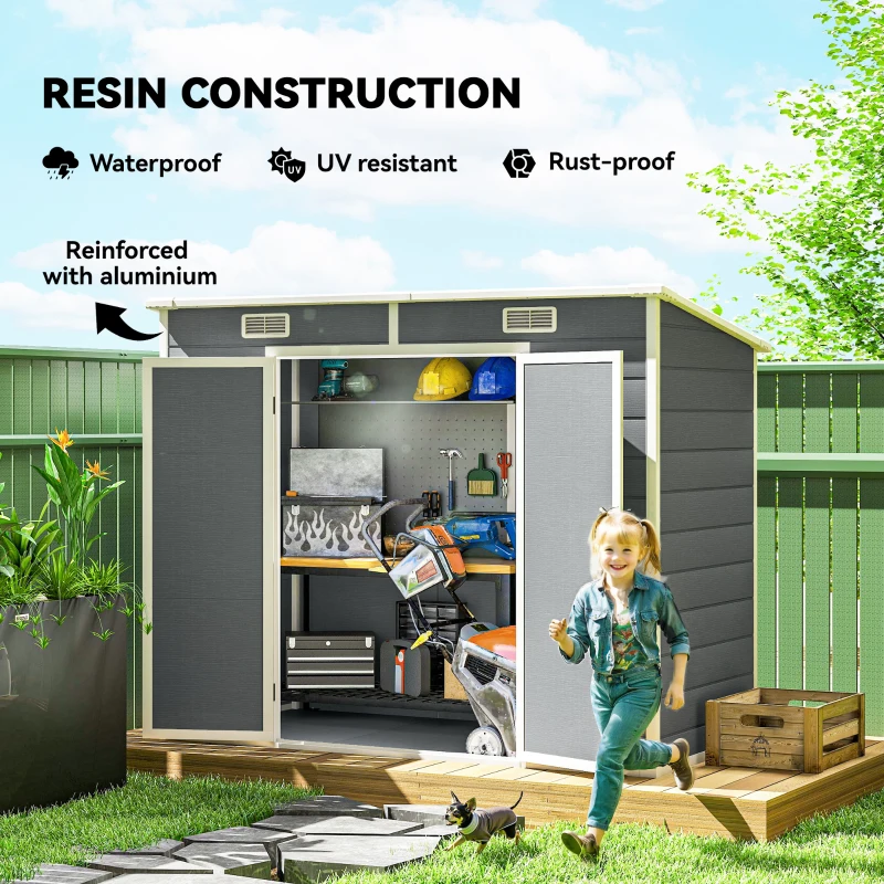 Outsunny 8' x 4' Plastic Outdoor Storage Shed with Floor, Window, Lockable Doors and Vents for Backyard Patio Lawn, Gray(m-5)