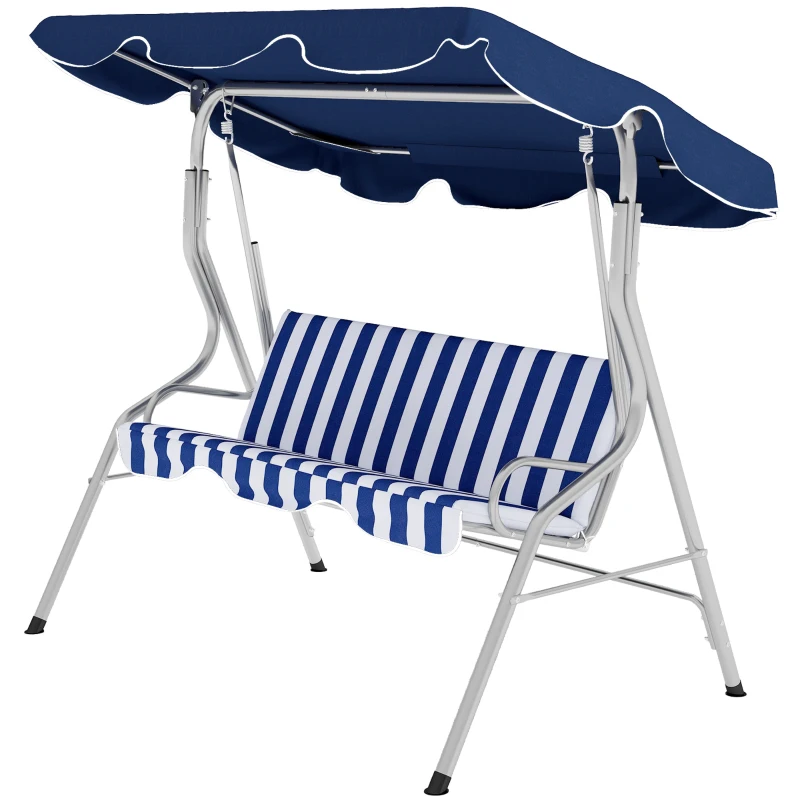 Outsunny 3-Person Porch Swing with Canopy, Patio Swing Chair, Outdoor Canopy Swing Bench with Adjustable Shade, Cushion and Steel Frame, Dark Blue & White Striped