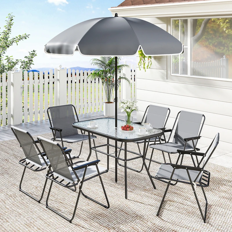 Outsunny 8 Piece Patio Table and Chairs Set with Folding Chairs, Tempered Glass Tabletop and Umbrella for Garden, Grey