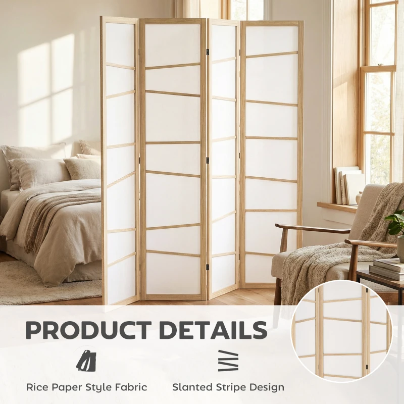 HOMCOM 66.9" Folding Room Divider, 4 Panel Wall Partition with Wood Frame for Bedroom, Home Office, Natural Wood