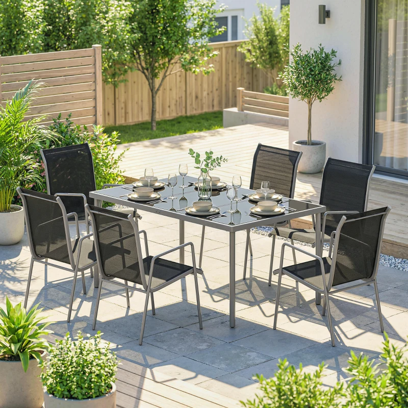 Outsunny 7 Piece Garden Dining Set, Garden Furniture Set with Rectangle Table and 6 Stackable Chairs