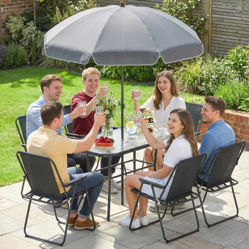 Outsunny 8 Piece Patio Table and Chairs Set with Folding Chairs, Tempered Glass Tabletop and Umbrella for Garden, Black