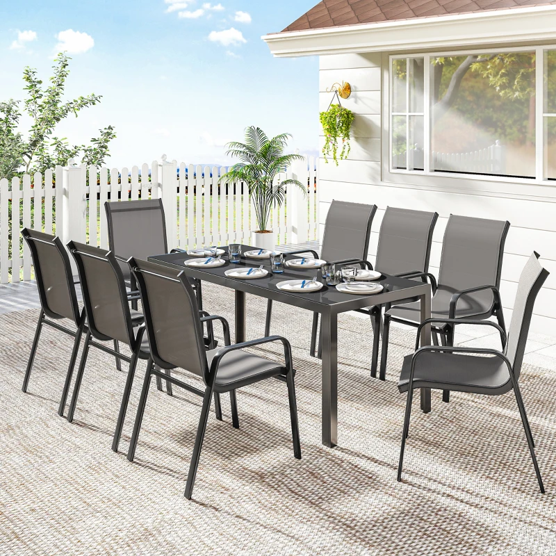 Outsunny 9 Pieces Patio Set with Stackable Chairs, Patio Dining Set with Glass Top for Garden, Patio, Backyard, Dark Grey