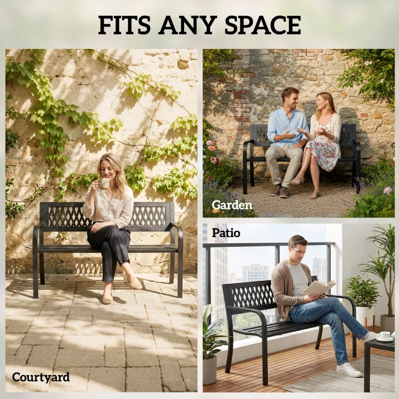 Outsunny Outdoor Bench with Floral Backrest 2 Seater Garden Bench with Armrests for Yard Park Balcony Black