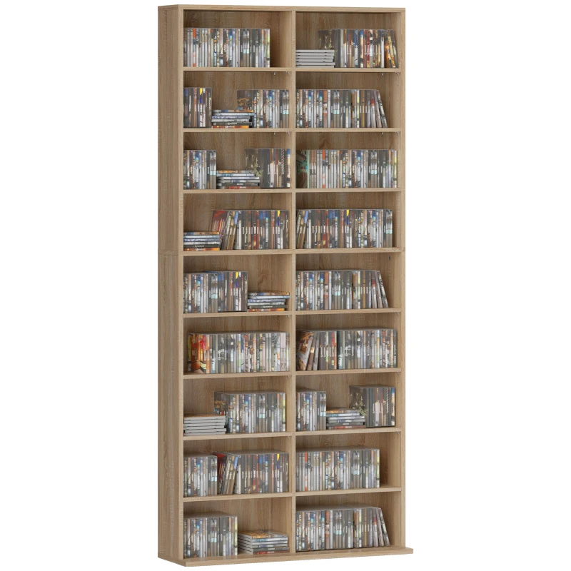 HOMCOM 9-Tier DVD Shelf with 18 Compartments and 14 Adjustable Shelves, Holds 640 CDs, 360 DVDs or 430 Blu-rays, Natural Wood