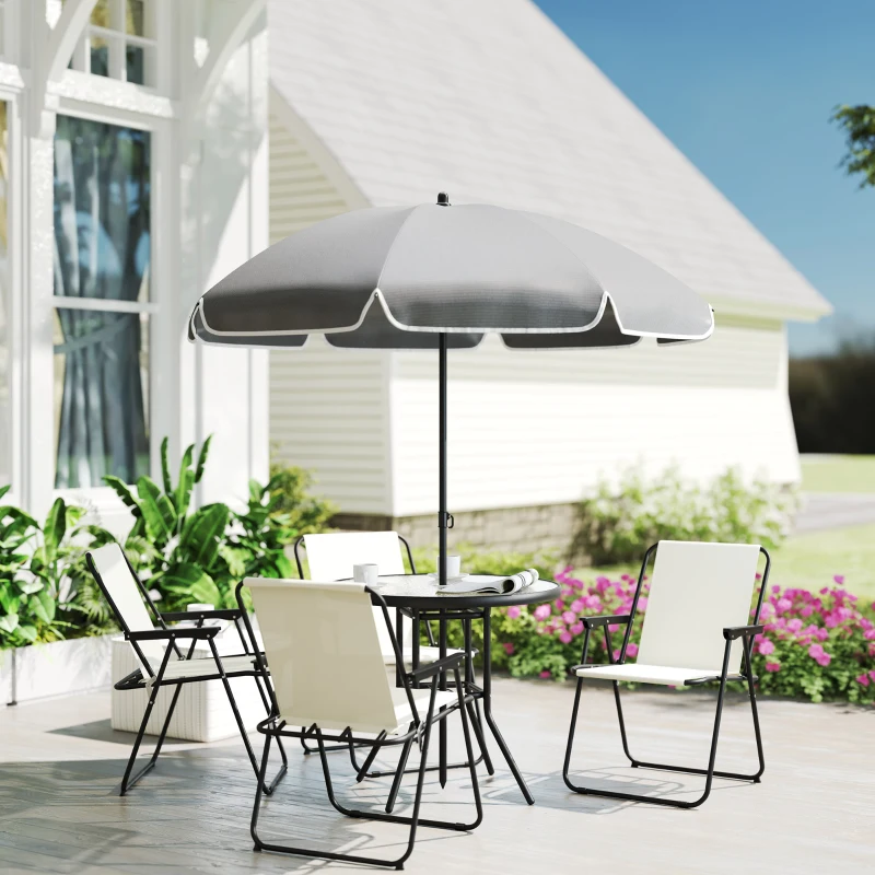 Outsunny 6 Pieces Patio Dining Set with Umbrella, Patio Furniture Set with Folding Chairs, Glass Table for Garden Backyard, Cream White