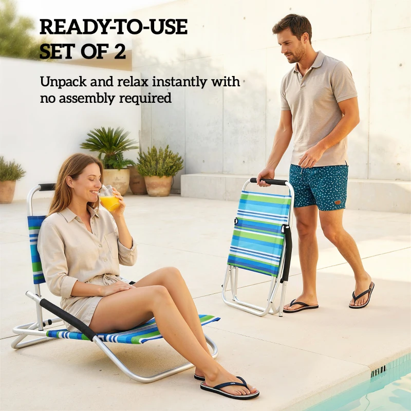 Outsunny Beach Chair Set of 2, Folding Backpack Beach Chairs, Outdoor Lounge Chair with Hidden Pocket for Patio, Pool