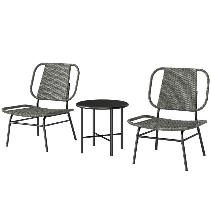 Outsunny 3 Piece Wicker Patio Furniture Set, Outdoor Bistro Set with Steel Table, Rattan Outdoor Conversation Furniture, Grey