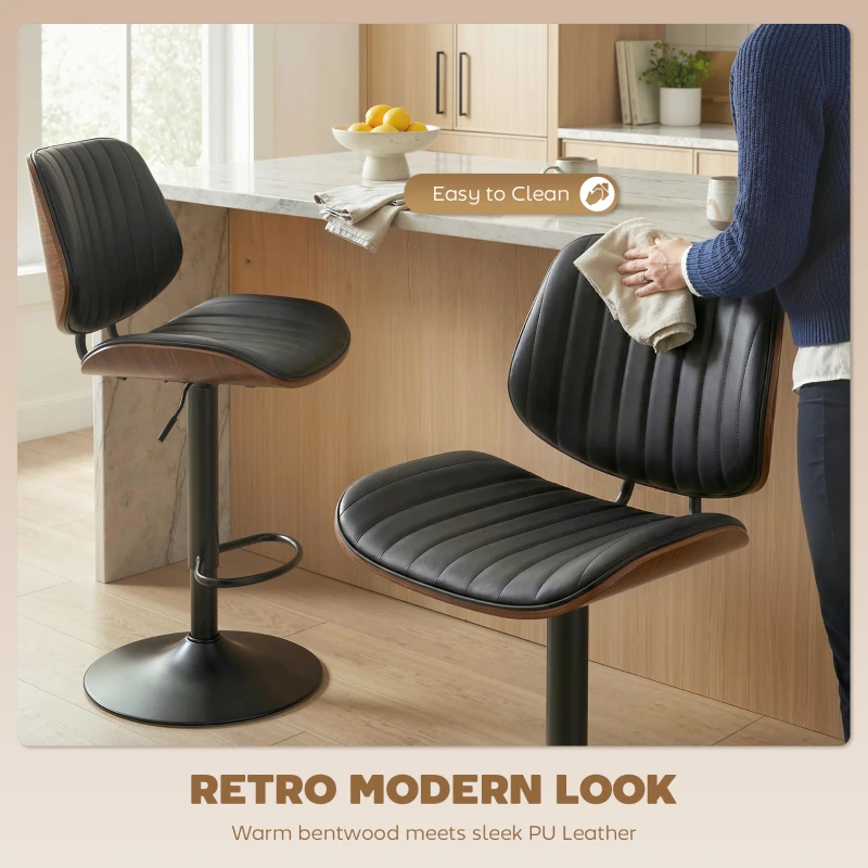 HOMCOM Bar Stools Set of 2, Swivel Counter Height Barstools with Back, Adjustable Height, Black