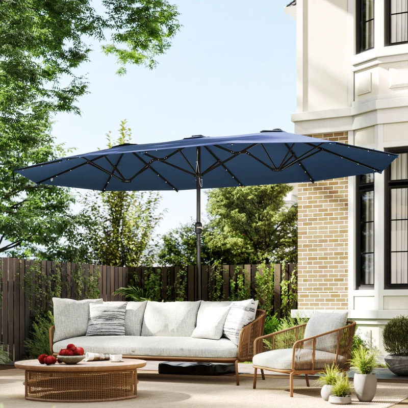 Outsunny Garden Parasol 14.4ft Double-Sided Sun Umbrella with Base, Patio Parasol with LED Solar Lights, Navy Blue