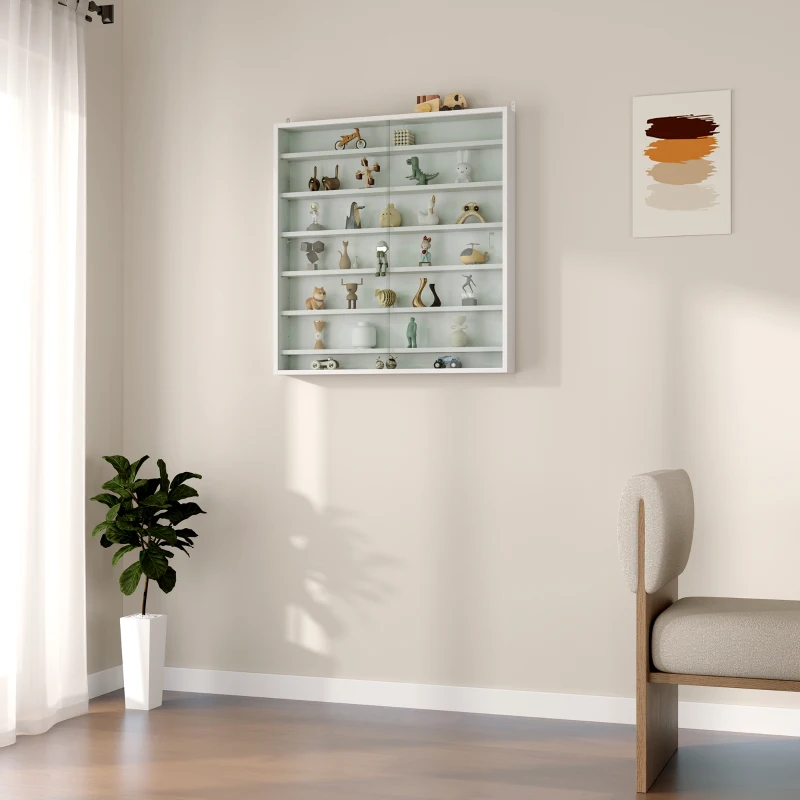 HOMCOM 7-Tier Display Cabinet, Shot Glass Display Case, Glass Curio Cabinet with 2 Glass Doors and 6 Adjustable Shelves, White