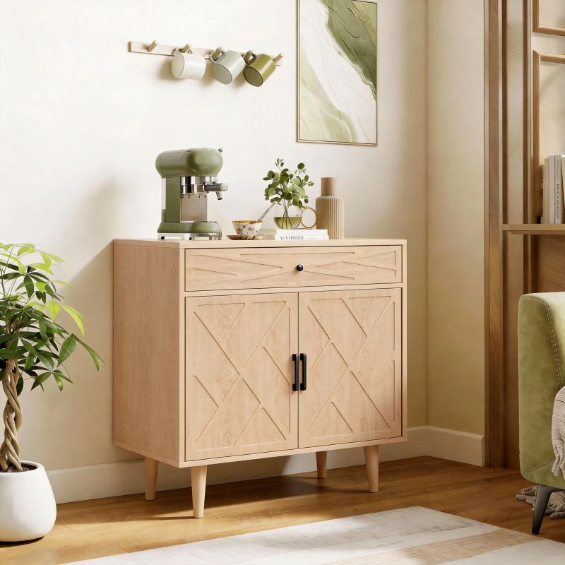 HOMCOM 30" Sideboard with Patterned Doors, Buffet Cabinet with Drawer and Cabinet for Dining Room, Oak