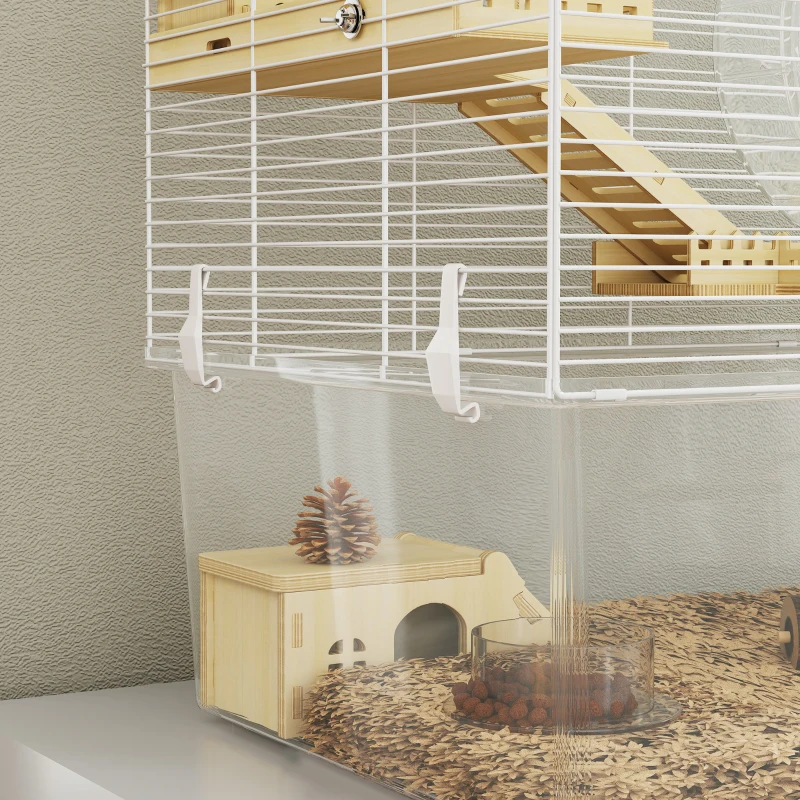 PawHut Hamster Cage with Deep Bottom, Wooden Ramp, Hut, Bathroom and Exercise Wheel for Hamster and Gerbil, White