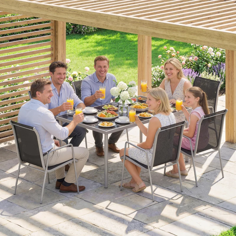 Outsunny 7 Piece Garden Dining Set, Garden Furniture Set with Rectangle Table and 6 Stackable Chairs