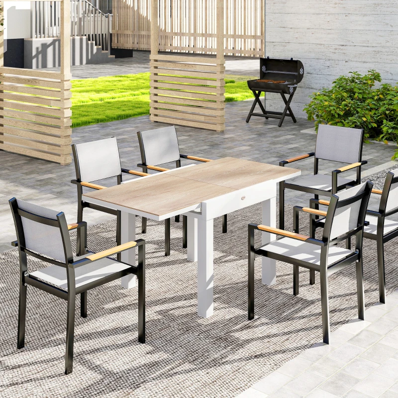 Outsunny Extendable Patio Dining Table, Aluminum Frame Outdoor Patio Table with Faux Wood Top for Garden Backyard, Natural Wood