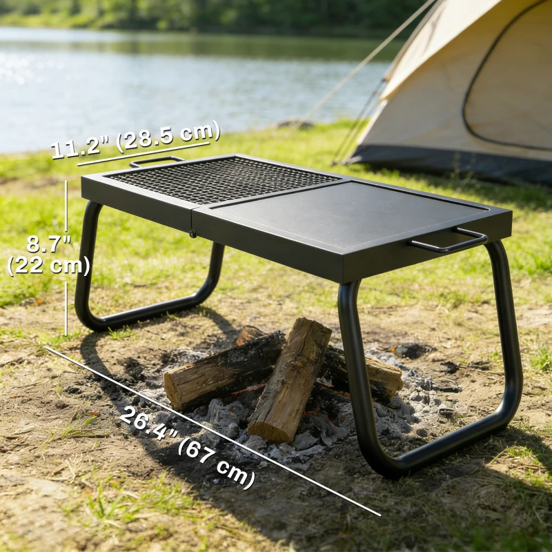Outsunny Folding Campfire Grill, Heavy Duty Steel Mesh Grate, Portable Camping Grate with Carry Bag, Black