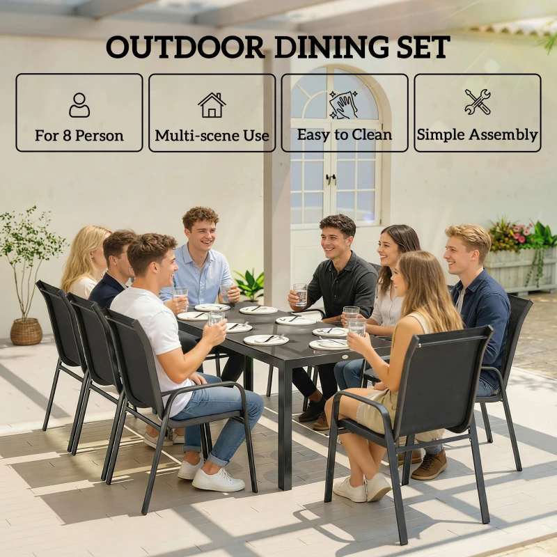 Outsunny 9 Pieces Patio Set with Stackable Chairs, Patio Dining Set with Glass Top for Garden, Patio, Backyard, Black