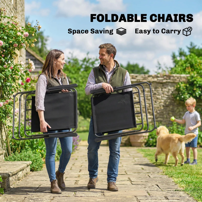 Outsunny 8 Piece Patio Table and Chairs Set with Folding Chairs, Tempered Glass Tabletop and Umbrella for Garden, Black